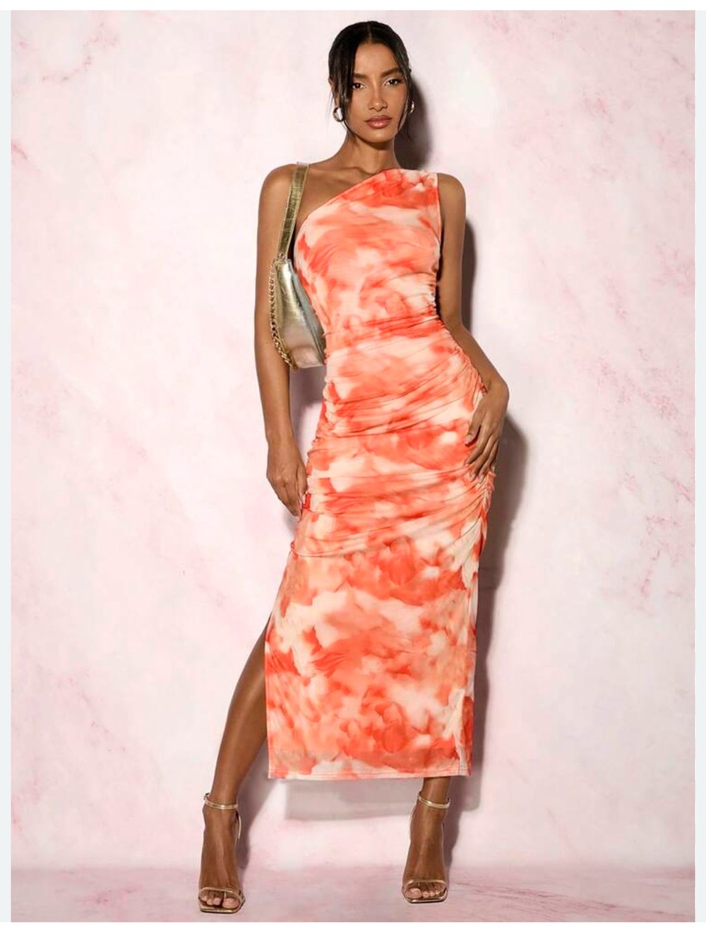 Asymmetric One-Shoulder Orange Tie-Dye Midi Dress